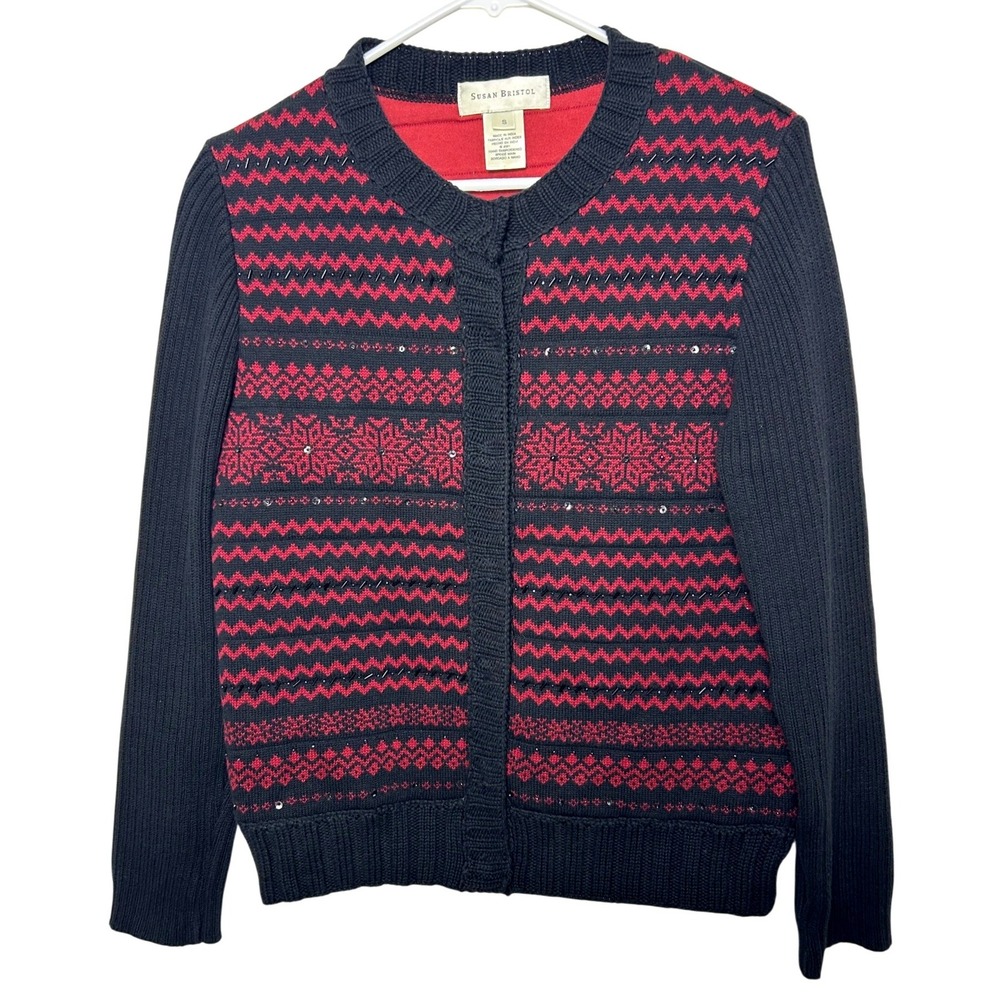 Y2K Susan Bristol Womens Cardigan Sweater Size S Fair Isle Beaded quilted nordic